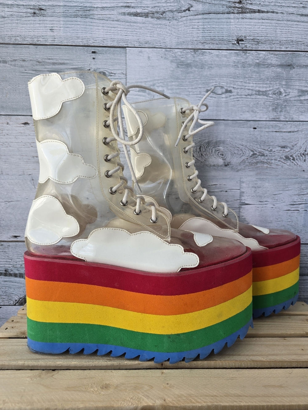 Dolls Kill Current Mood Happy Daze Clear Cloud Rainbow Platform Boots Size 9